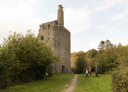 Family exploring historic stone tower in lush, green countryside.