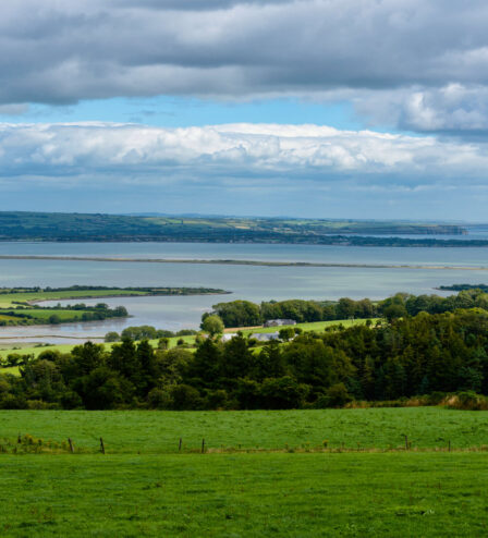 A peaceful countryside landscape with lush green fields and a distant view of the sea under a cloudy sky.