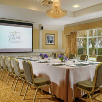 Elegant hotel conference room with a chandelier, projector, and garden view.