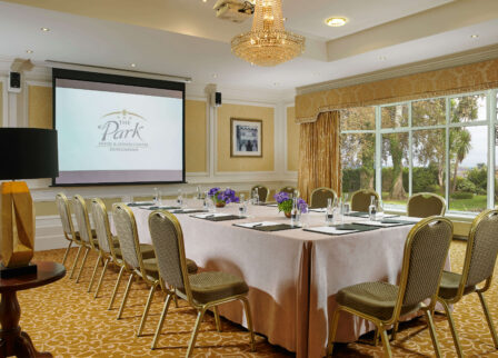 Elegant hotel conference room with a chandelier, projector, and garden view.