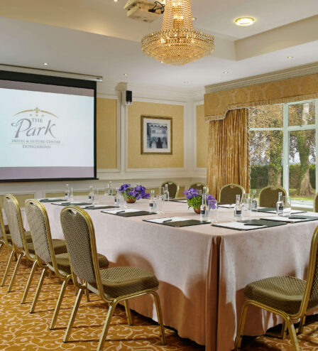 Elegant hotel conference room with a chandelier, projector, and garden view.