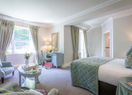 Inviting hotel room with plush bedding and airy windows, welcoming guests with elegant decor.